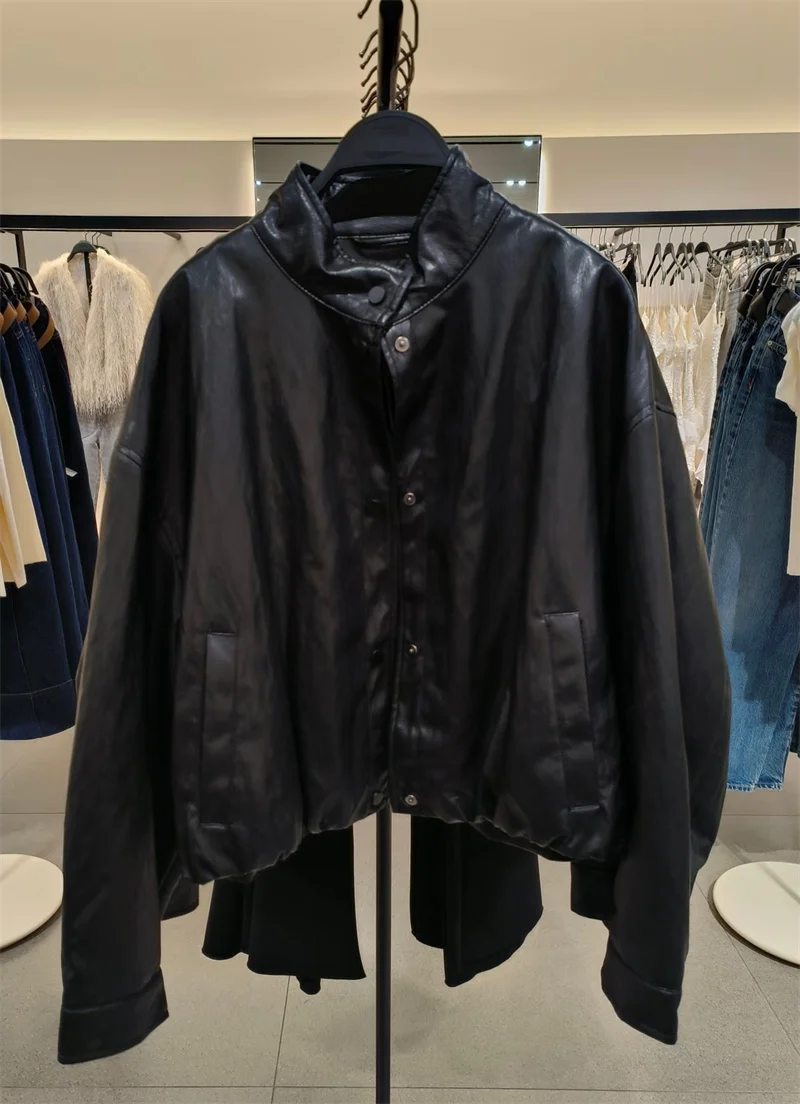 Casaco feminino 2025 outono novo estilo preto manga longa gola alta jaqueta piloto de couro falso estilo motocicleta moda casual