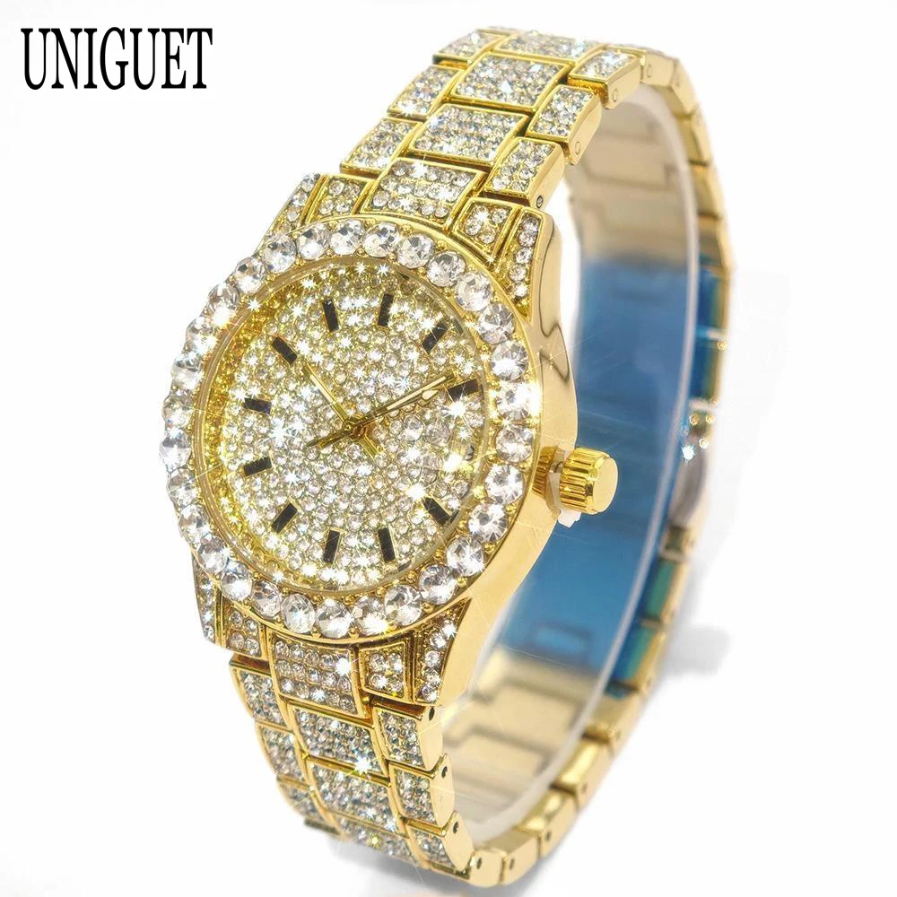 Hot Luxury Jewelry Watch For Women's UNIGUET Fashion Small Pink Dial Hip Hop Iced Diamond Quartz Wristwatch Small Size For Women