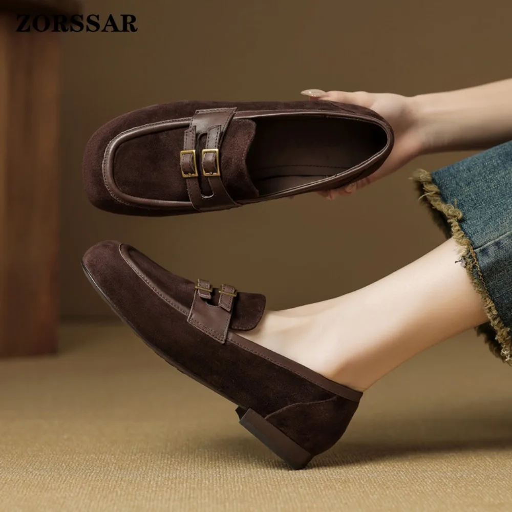 Spring Autumn Ladies Suede Leather Flats Vintage Versatile Loafers British Style Fashion Bucke Leanti Slip Casual Women's Flat