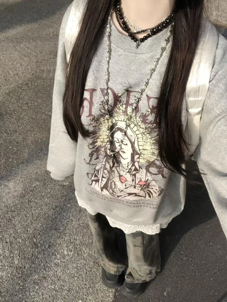 ثقافة فرعية يابانية كم طويل هوديي المرأة ملابس الشارع الشهير عادية البلوز الأمريكية خمر القوطية طباعة س الرقبة ضئيلة 2025 الخريف