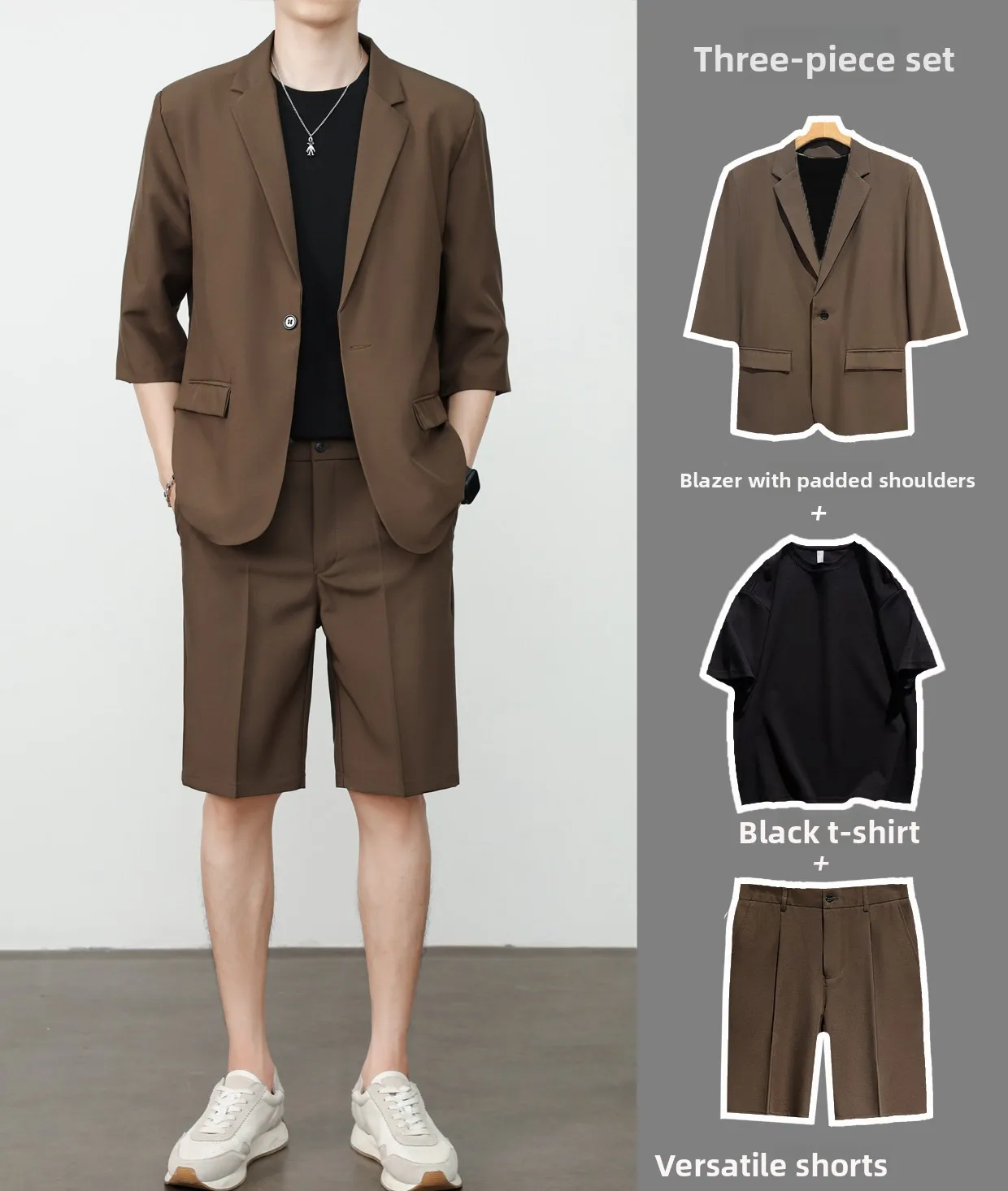 Brown suit + black short t + shorts