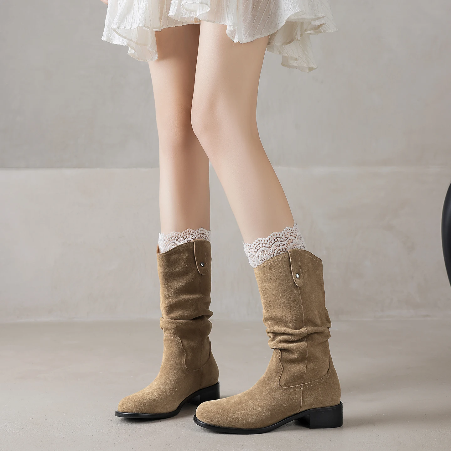 

Women's natural suede leather square toe pleated Ankle boots casual female punk western boots shoes Pile up western boots