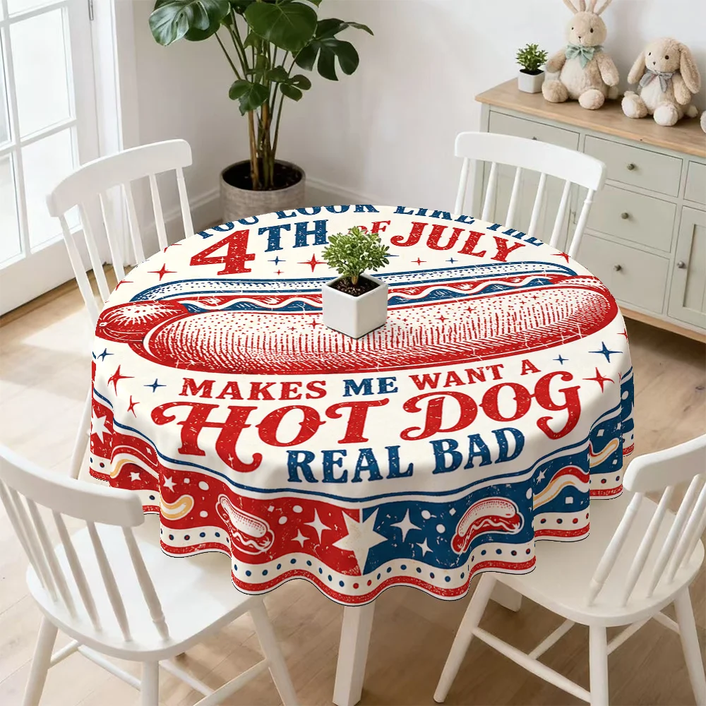 Independence Day Round Tablecloth 2D Flat Printing Hot Dog Pattern Patriotic Colors for Home Dining Coffee Table Festive Decor