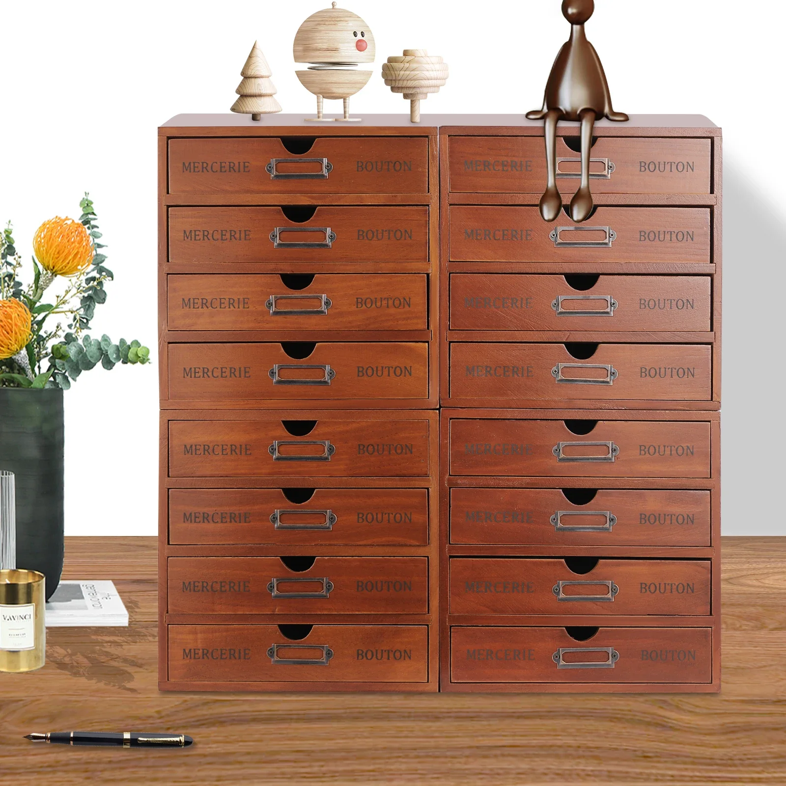 

Vintage Wooden Drawers Organizer, 16-Drawer Desktop Organizer With Drawers, Iron Label Holders, Brown, For Store Cosmetics