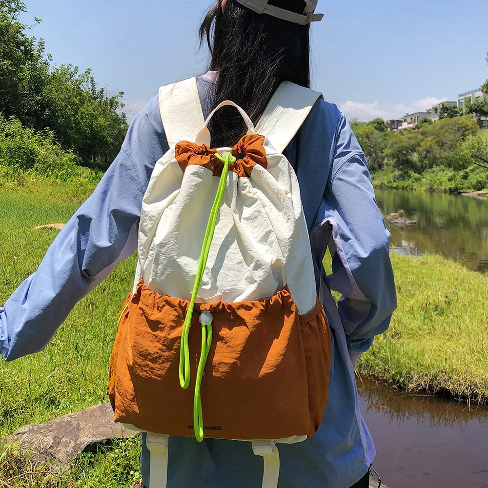 Color-Blocked Drawstring Backpack, Lightweight Travel Badminton Backpack, Niche Forest-Themed Couple Travel Backpack