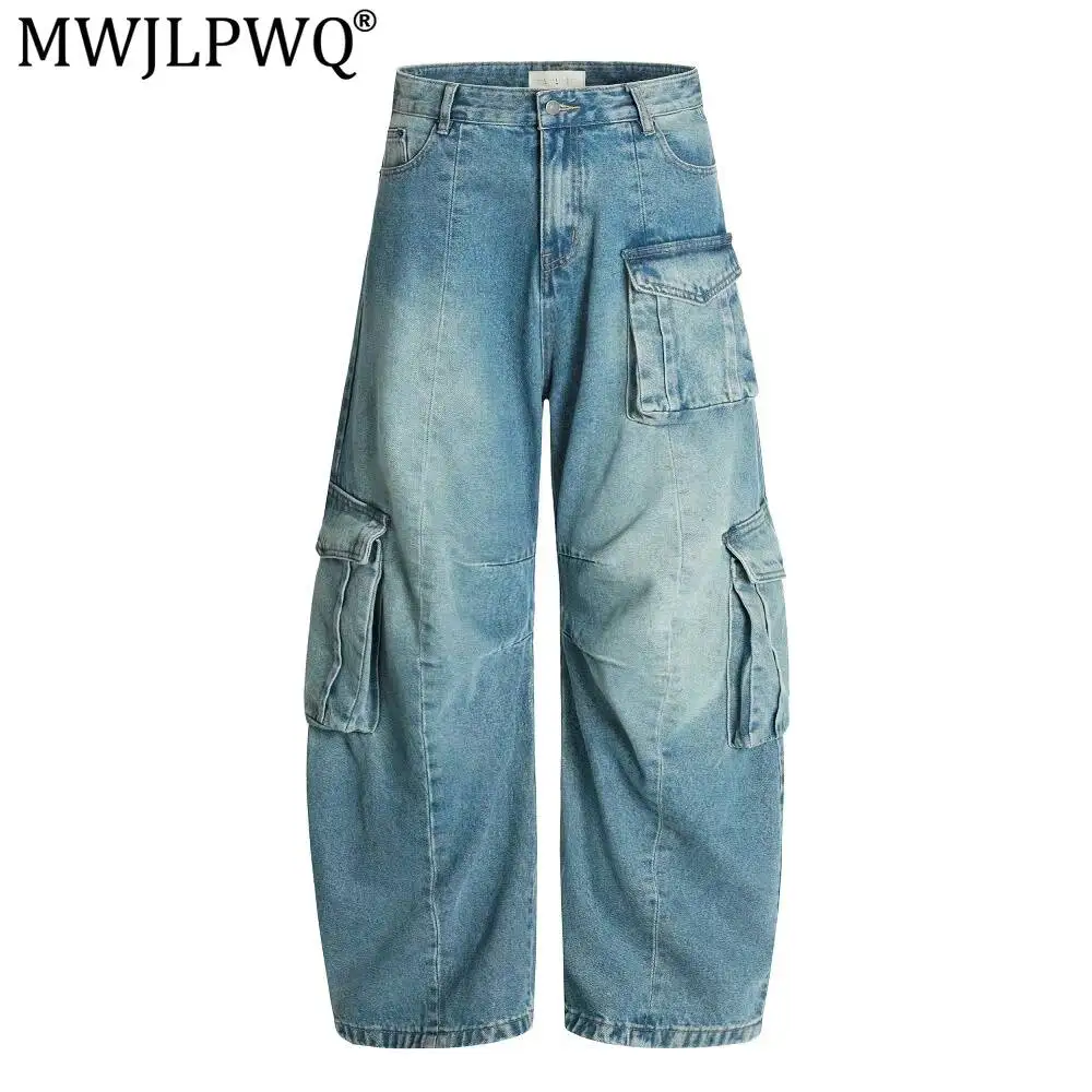 MWJLPWQ High Street Vintage Washed Multi-Pocket Cargo Jeans Vibe Trendy Men's American Autumn Loose Curved Wide-Leg Pants 20255