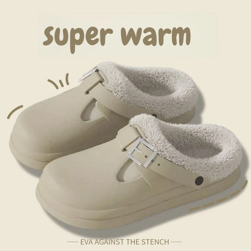 2026 Zapatillas EVA impermeables de invierno para mujer, pantuflas peludas de felpa cálidas, toboganes interiores con hebilla de Metal de fondo grueso antideslizante