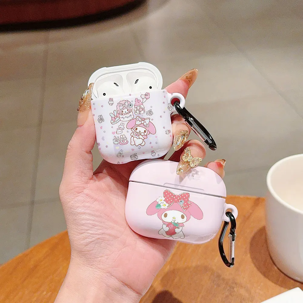 เคส PC แบบแข็งกันกระแทกลาย My Melody สีชมพูน่ารักสำหรับ airpods หูฟัง1 2 3 Pro Pro2พร้อมตะขอโลหะ