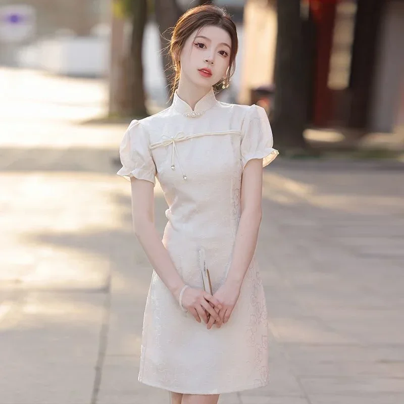 Women Short Qipao New 2023 Young Girls Summer New Modern Chinese Style Small Tall Jacquard Modified Short Sleeve Dress Cheongsam