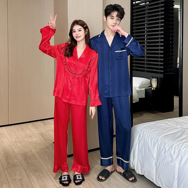 Wholesale women silk sleepwear lapel High quality couple pajamas Long sleeves solid color jacquard men satin plus size home set