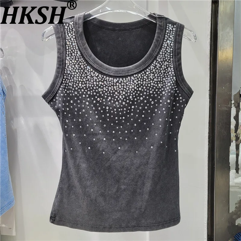 

HKSH Summer New Women T-shirt Vest Heavy Craft Studded Diamonds O-Neck Sleeveless Casual High Street Stylish Ins Tank Top HK8254