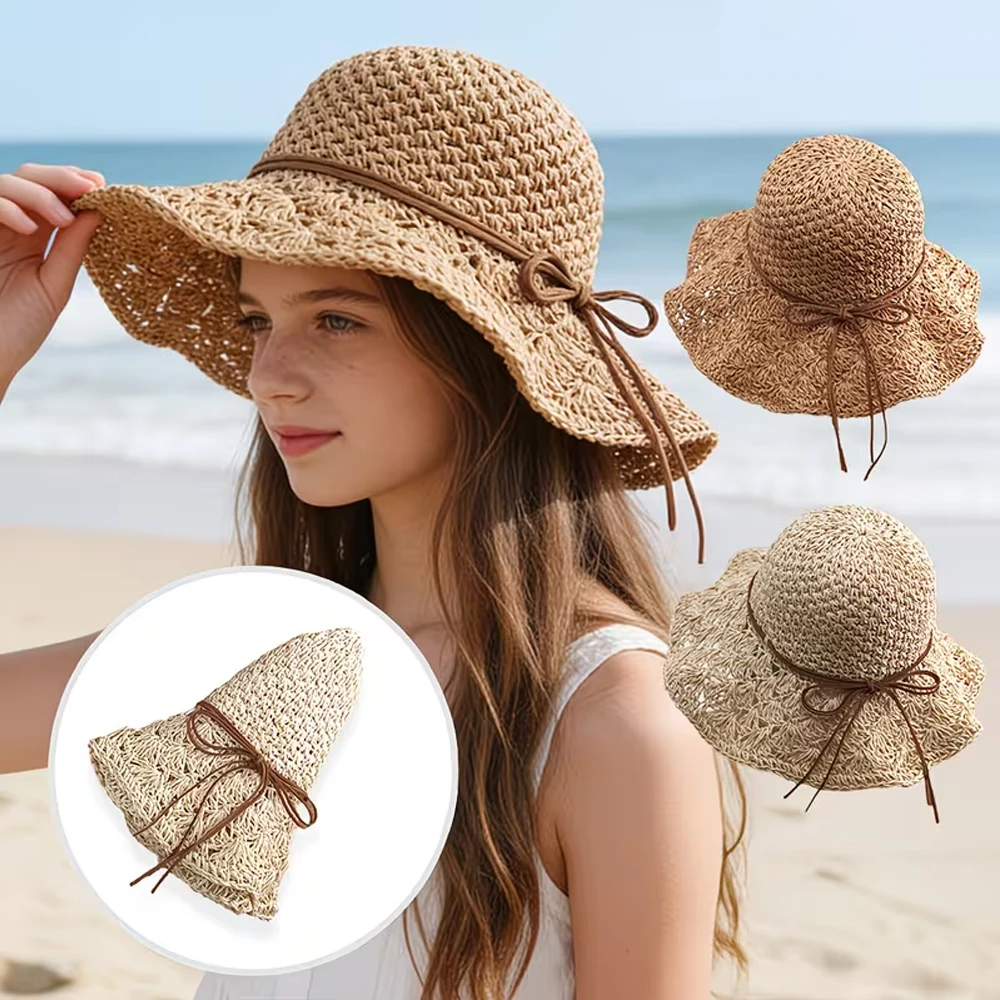 Women's Foldable Wide-Brimmed Straw Hat, Woven Breathable Material, Wide Brim for Sun Protection, Bow Decoration, Beach Vacation Outdoor Hat