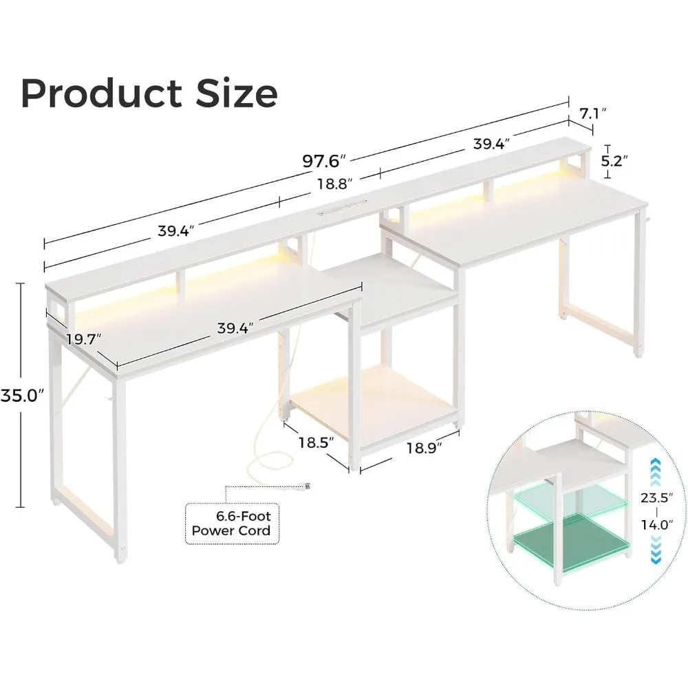 Extra-Large 98 Dual-Person Gaming Desk with Storage and USB Charging for Home Office and Writing
