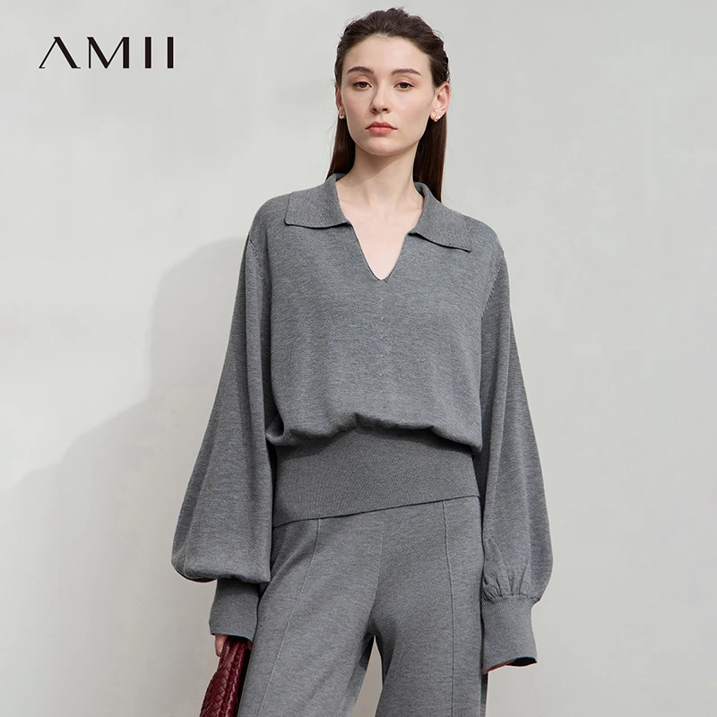 

AMII Women's Sweater 2025 Autumn New Commuter V-neck Slit Lantern Sleeve Sweaters For Women Loose Versatile Tops Ladies 12543002