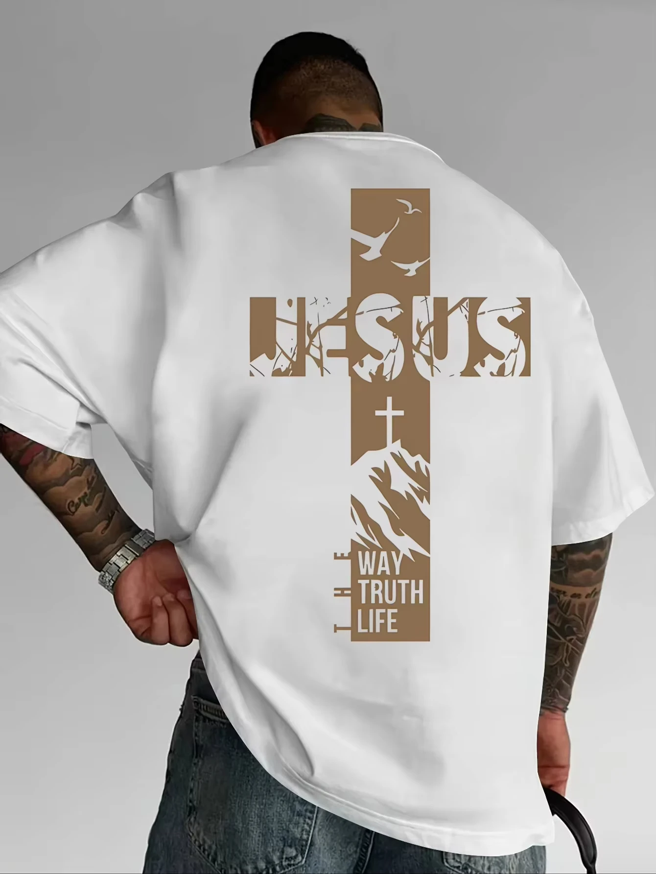 2026Summer Christian Style Jesus Cross Pattern Printed Short-sleeved Cotton Men's T-shirt with Faith Theme Loose and Trendy Top