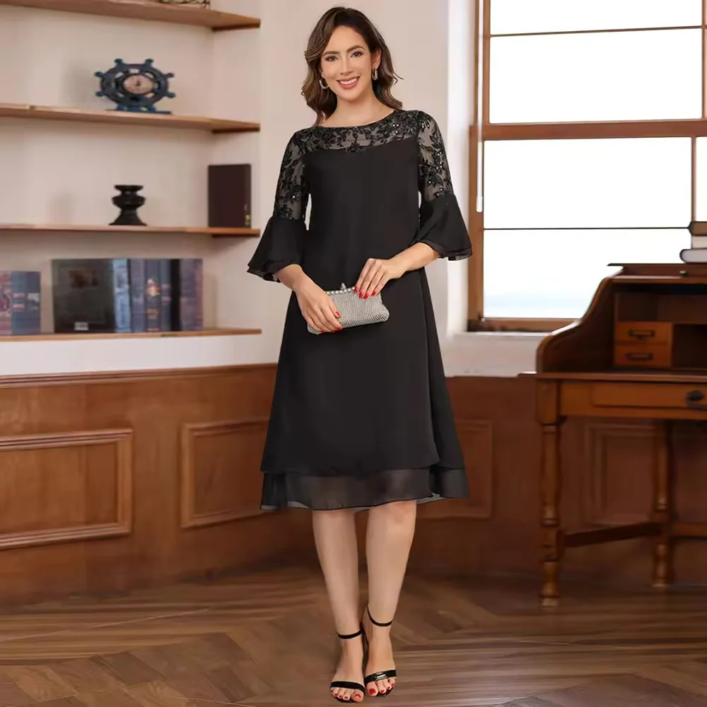 

Индивидуальные винтажные женские коктейльные платья из шифона, прямого силуэта, для матери невесты, черные, с круглым вырезом, кружевные, многоярусные, для матери жениха