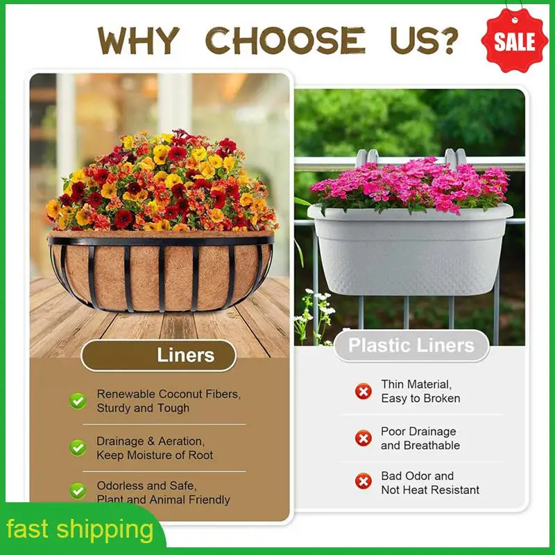 

A010 8 упаковок 24-дюймовых кокосовых вкладышей для желобов, натуральных кокосовых вкладышей для настенного кашпо, перила для оконной корзины