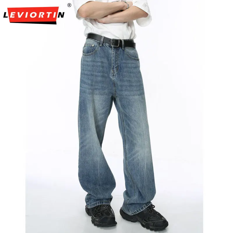 LEVIORTIN Washed Male Jeans Korean Fashion Gradient Color Pockets Men's Straight Denim Trousers Wide Leg Pants Spring New Chic