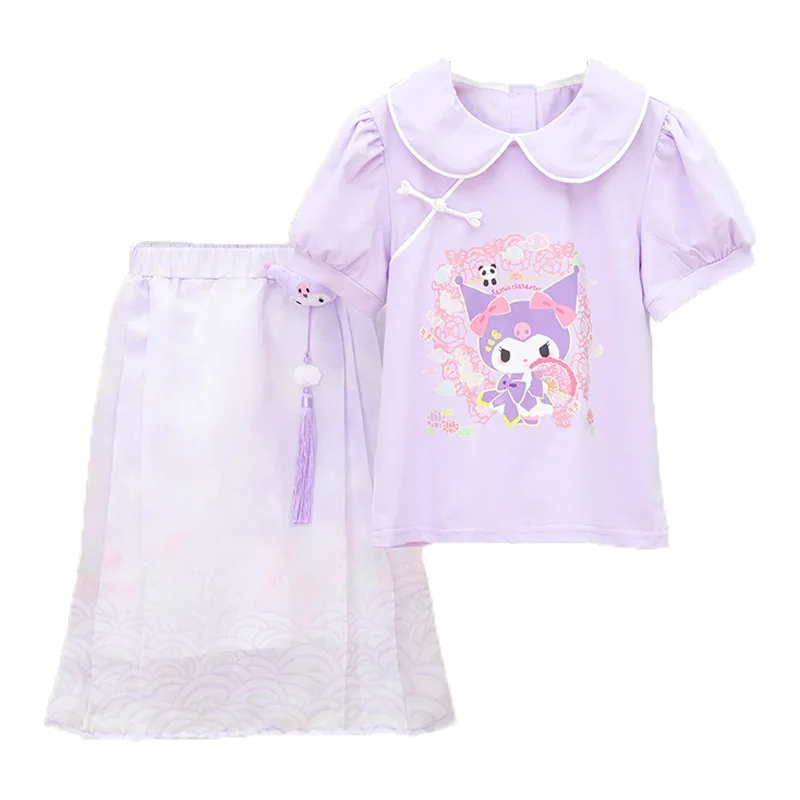 

Anime Spring Models Kuromi Girl Suit Folk-Custom Short Sleeves Hanfu Sanrios Kawaii Western Exquisite Cartoon Two Piece Set