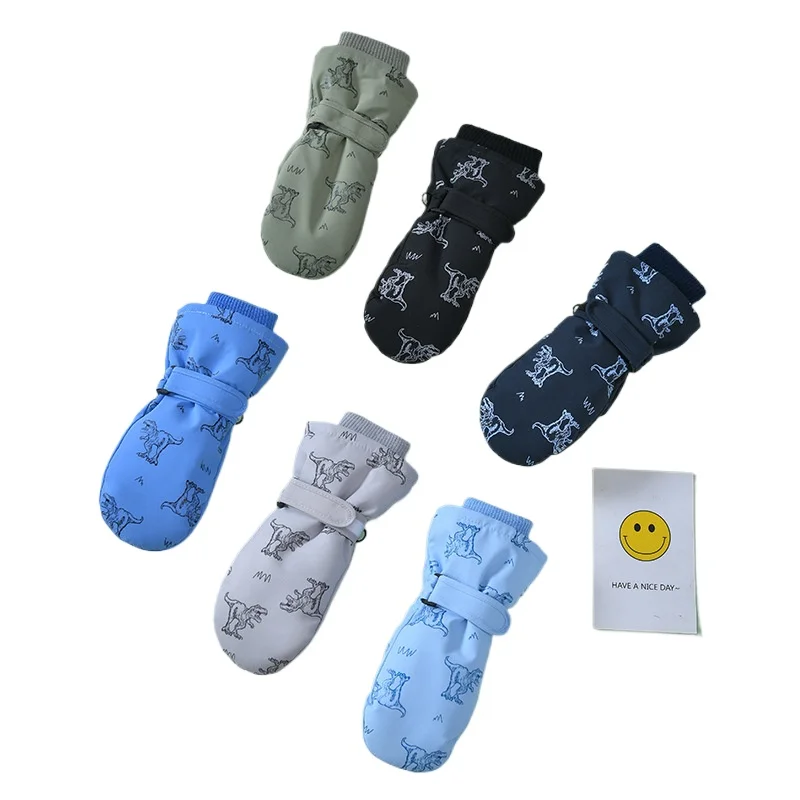 

3-6Y Dinosaur Print Kids Gloves Plush Waterproof Winter Warm Gloves Thickened Fleece Windproof Skiing Snow Gloves Kids Toddler
