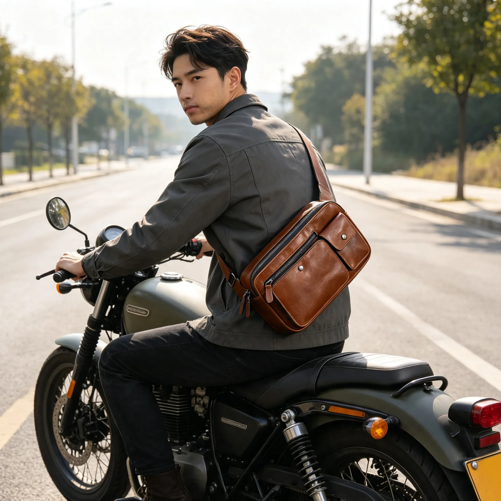 Vintage-Hüfttasche aus hochwertigem Rindsleder, lässige Schultertasche für Herren, multifunktionale Motorrad-Brusttasche aus echtem Leder – Detail 4