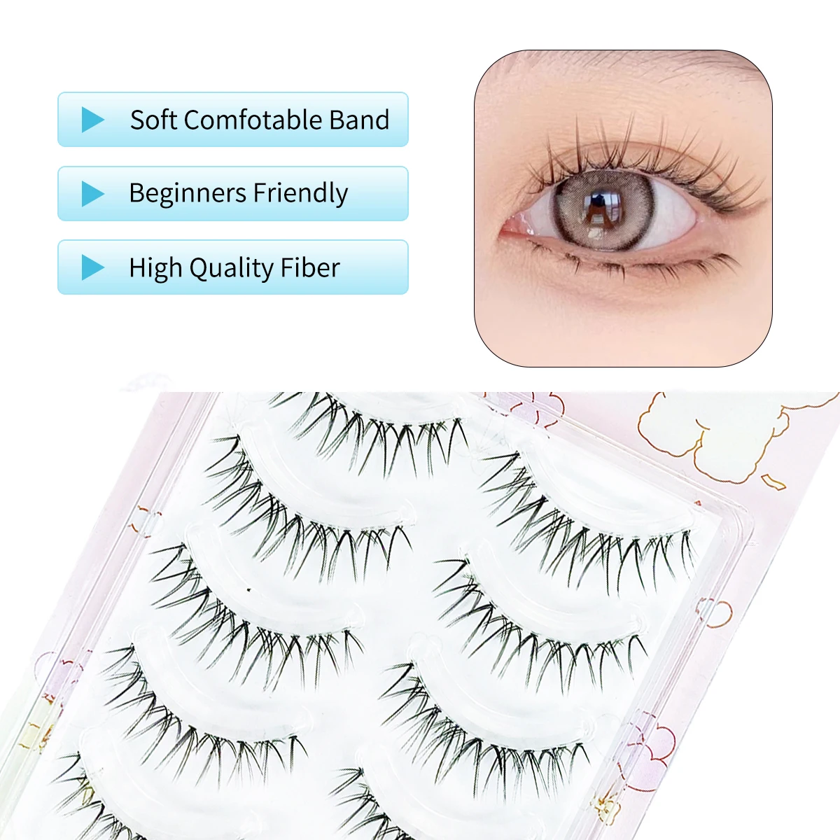 5 Paar W70 falsche Wimpern, dünne, weiche Cluster-Wimpern, natürliche, dicke Manga-Wimpern mit klarem Band, koreanischer Stil, Anime-Make-up