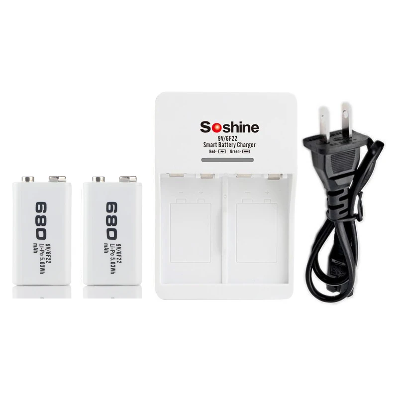 Soshine-cargador rápido de batería de 9V, 2 piezas, 680 mah, 9V, batería recargable de iones de litio