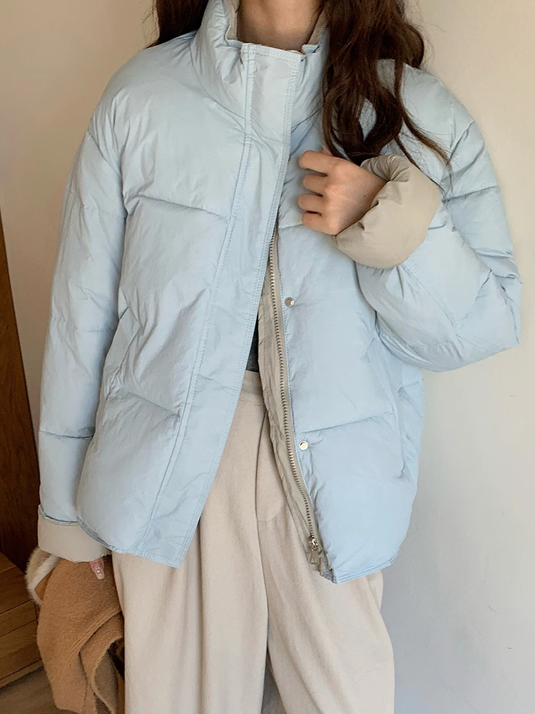 Koreanische Süße Warme Parkas Frauen Mode Langarm Winter Dicke Baumwolle Mantel Beiläufige Lose Stehkragen Taschen Weibliche Chic Jacke