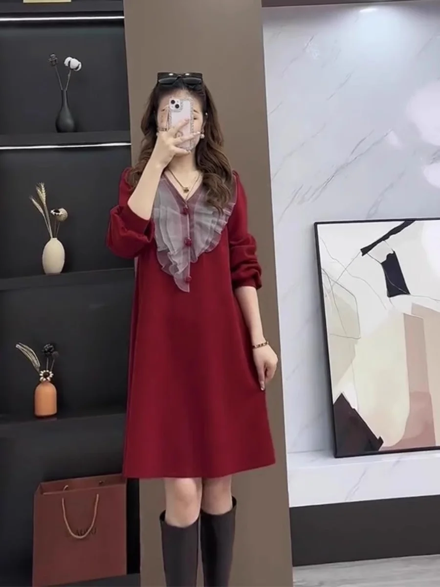 

plus Size Knitted Princ Sle Sweater Dr Red Luy Year Base Layer Skirt for Plump Sister Anti-Aging High Waist Midi Dr