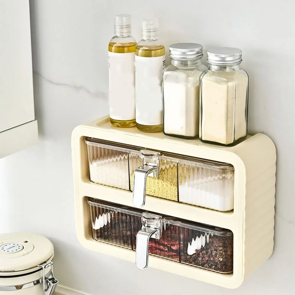 

Plastic Wall Mounted Salt Seasoning Rack Self-adhesive Sealed Seasoning Bottle Storage Rack Wall-mounted with Spoons Spice Rack