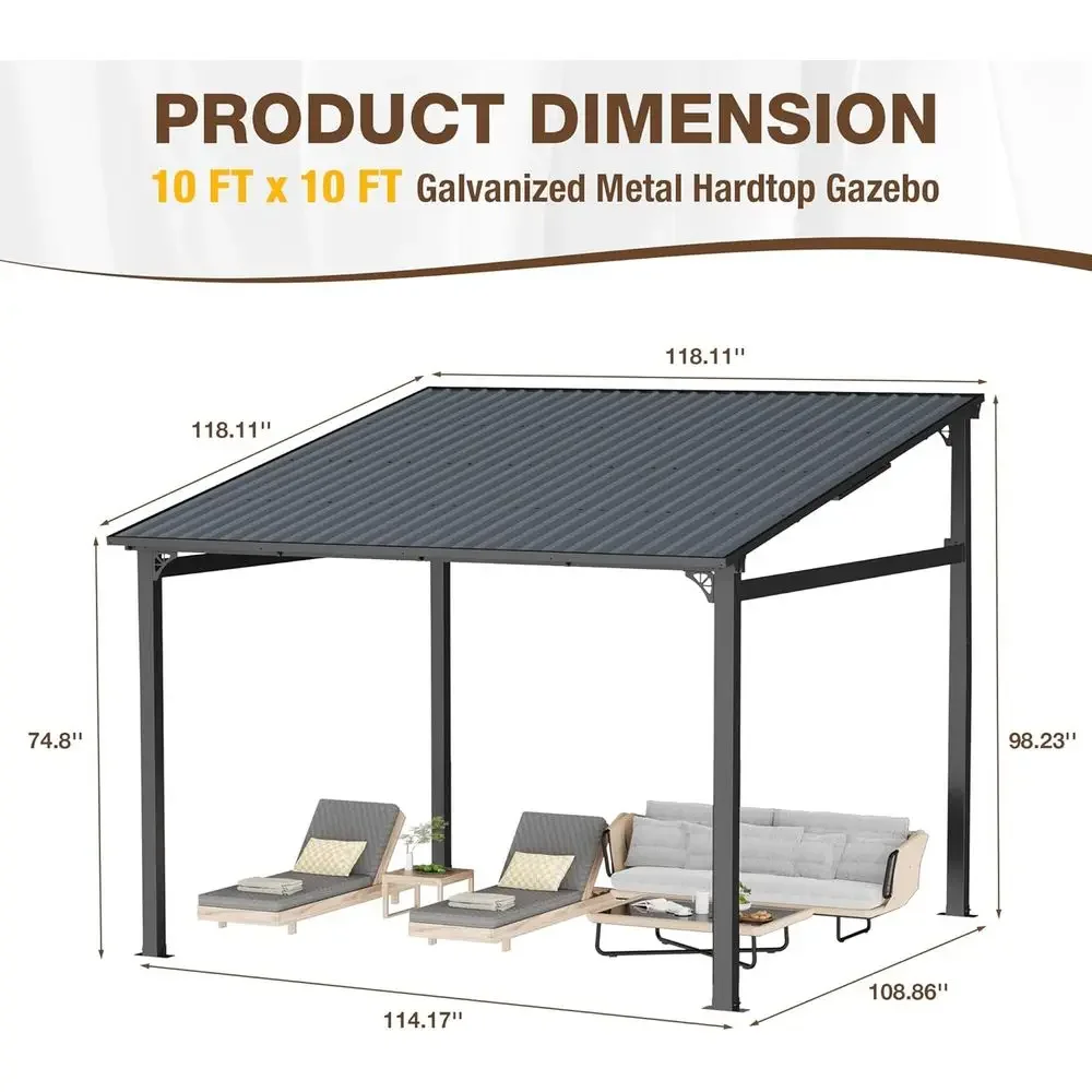 10x10 Wall-Mounted Hardtop Gazebo, Lean-to Style with Galvanized Steel Roof for Outdoor Pergola, Patio, Deck, Backyard