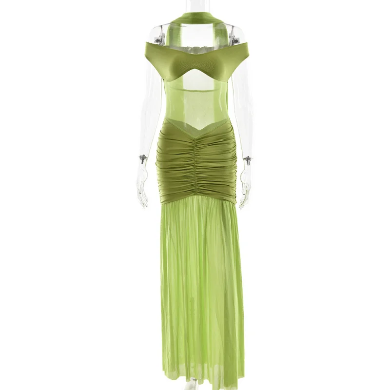 European and American Summer Strapless Backless Elegant Mesh Ruched Slit Long Dress