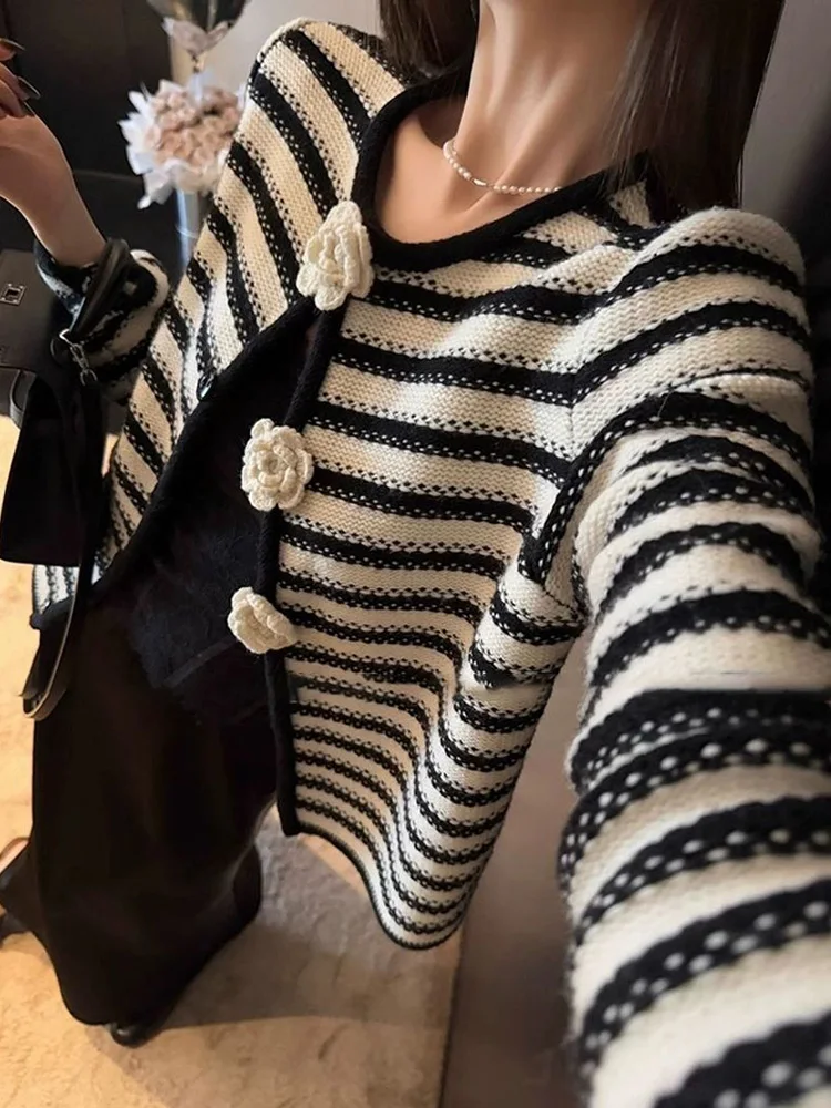 

Vintage 3D Floral Striped Cardigan Women Sweet Long Sleeve Elegant Knitted Sweaters Spring Casual Loose O Neck Retro Tops Coat