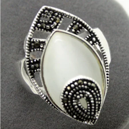 24*13mm NATURAL WHITE OPALS DROP 925 SILVER & MARCASITE RING SIZE 7/8/9/10