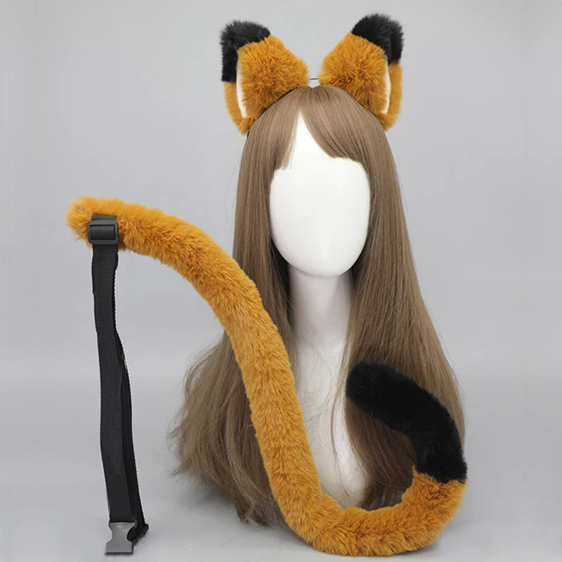 Plush Cat Fox Ear and Tail Lolita Girl Cosplay Accessories Furry Animal Ears Bendable Tail with Adjustable Belt Masquerade Party