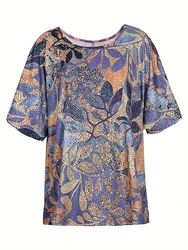 Plus Size Distressed Floral Print Top 2025 New Arrival Casual Women's Shirt Printed Short-Sleeved Crew Neck Mid-Stretch T-Shirt