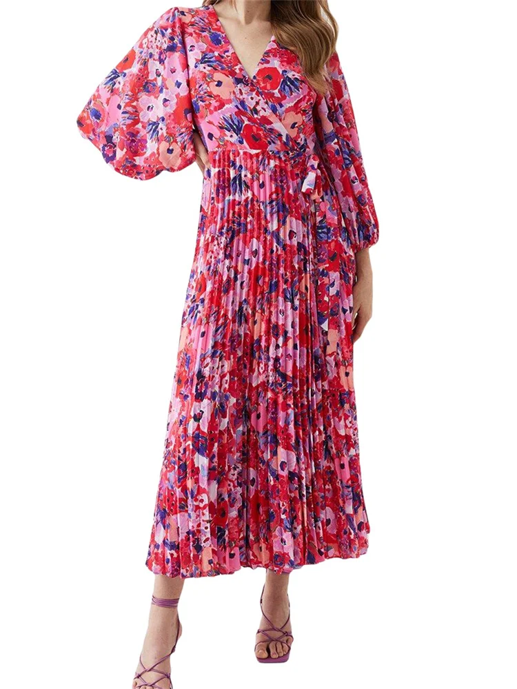 

CHRONSTYLE Vintage Women Floral Print Long Dress Long Lantern Sleeve V Neck Pleated Dress High Waist Tie-up Ruched Vestidos 2024