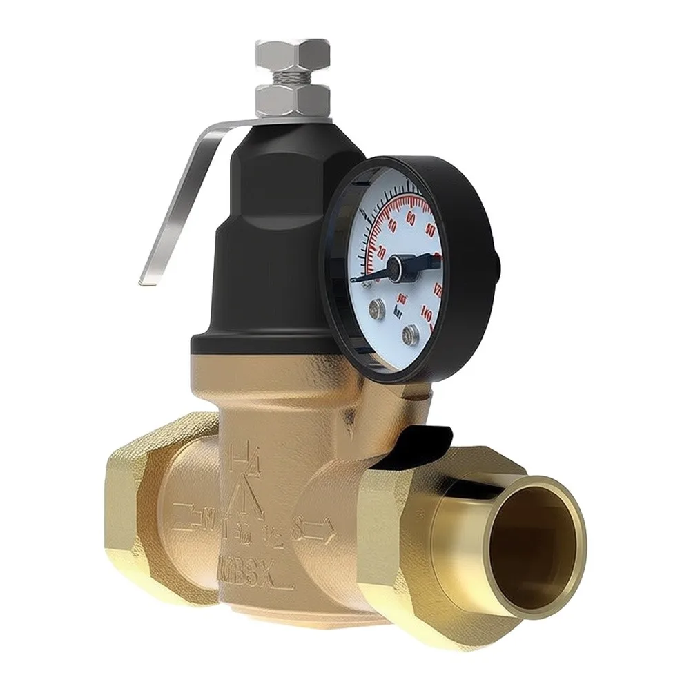Adjustable 3/4 inch Water Pressure Regulator with Nickel Plated Brass Body and Removable Stainless Steel Filter