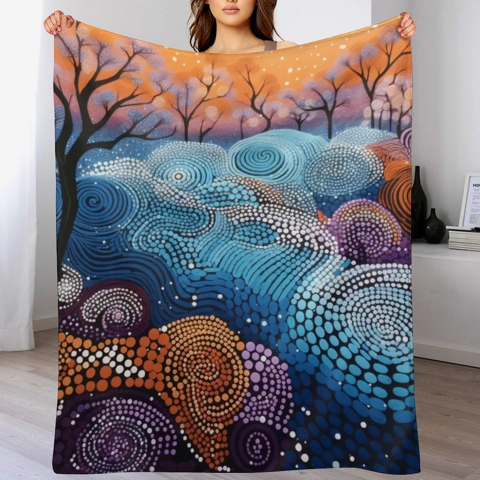 Aboriginal Authentic Art - With Trees in Park Throw Blanket