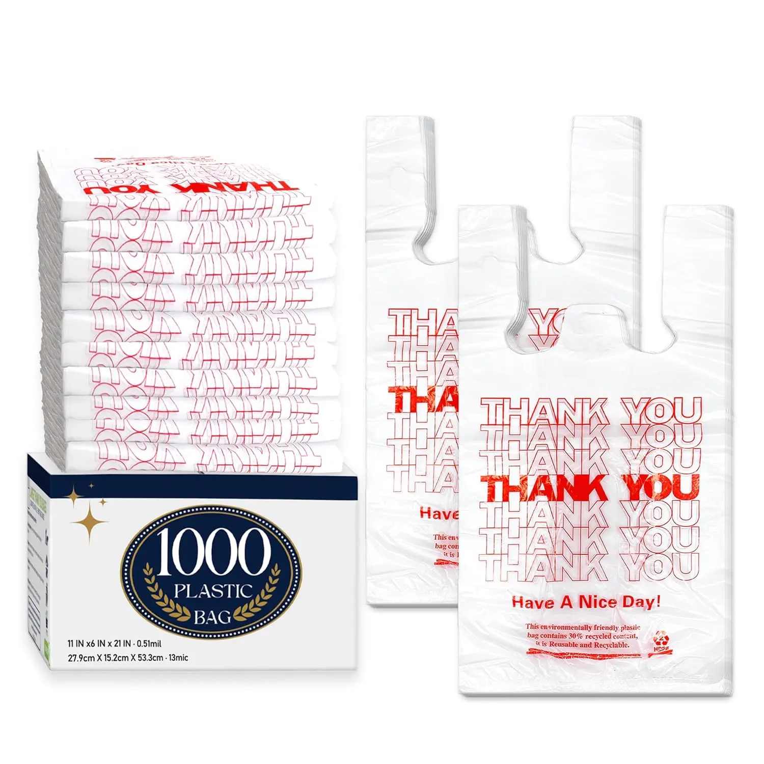 

1000 Pack White Thank You T-Shirt Bags with Handles, 11x6x21 Plastic Shopping Bags for Grocery Retail Takeout