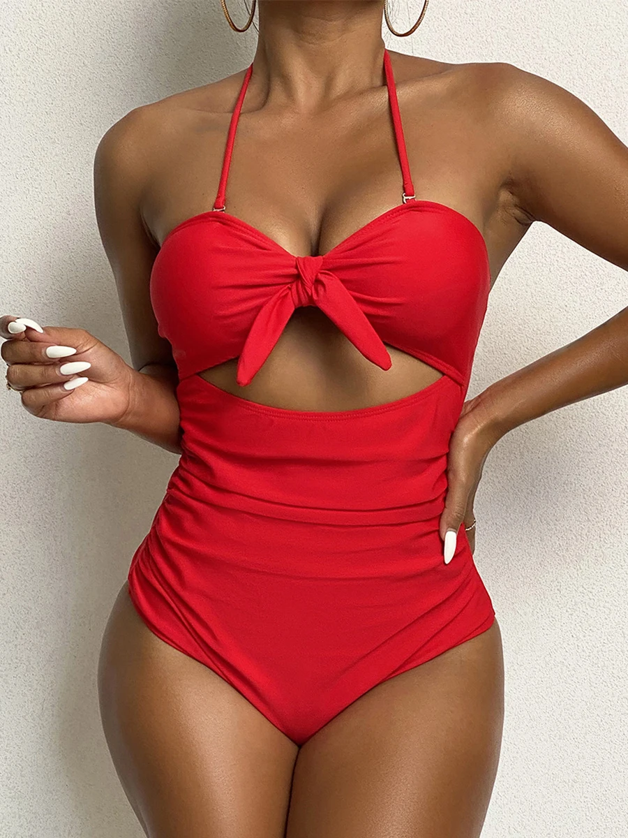 2023 Halter Tie Front Swimsuit Women One Piece Solid Padded Swimwear Female Bathers Bathing Swimming Swim Suit Beachwear