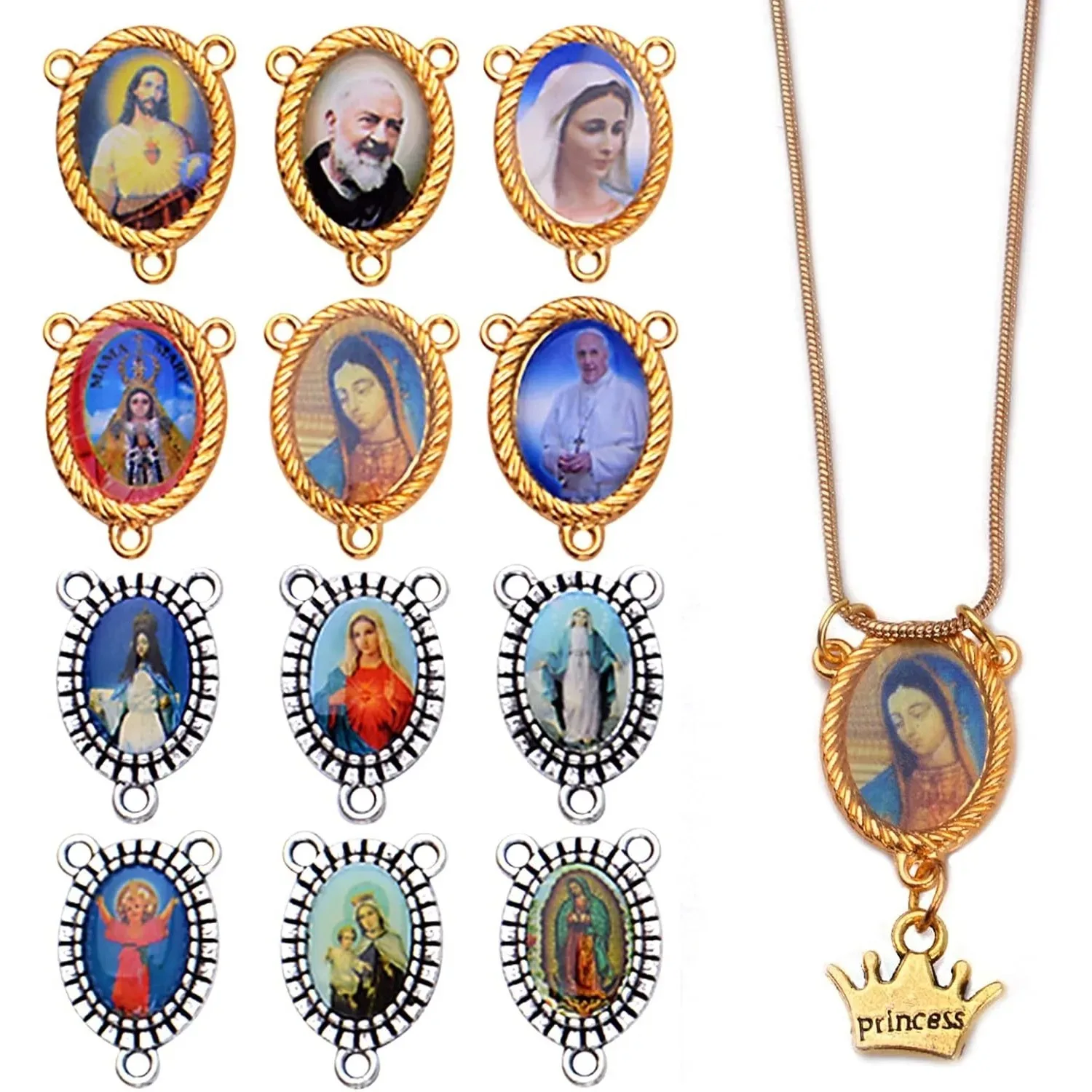 

20pcs Pictures Oval Virgin Mary Miraculous Medal Floral Rosary Centerpiece Alloy Jesus Crucifix Cross for DIY Jewelry Making