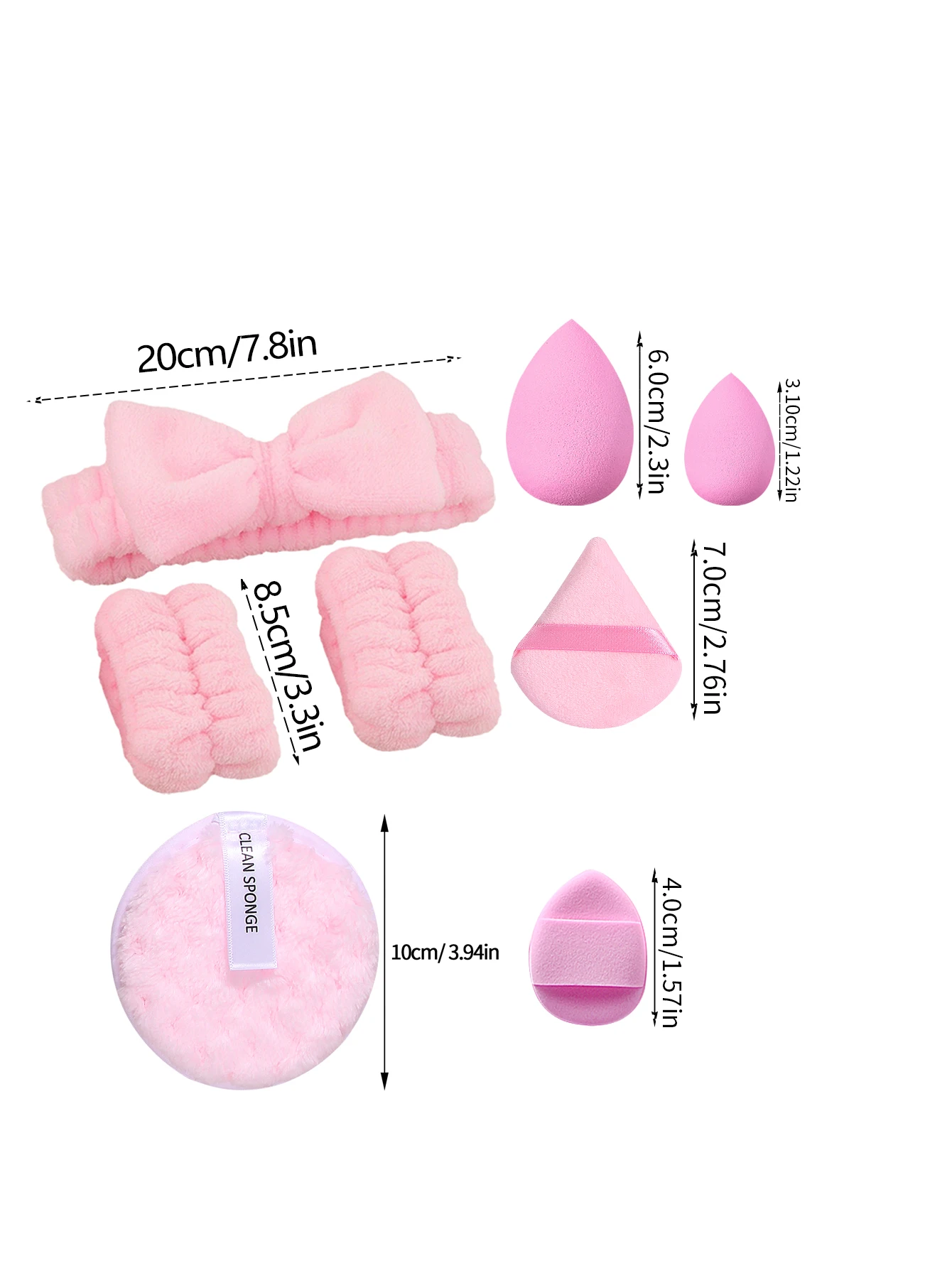 헤어밴드와 손목 스트랩이 포함된 핑크색 클렌징 및 메이크업 세트 20개, 부드러운 스펀지 에그 파우더 퍼프 및 라운드 클렌징 퍼프