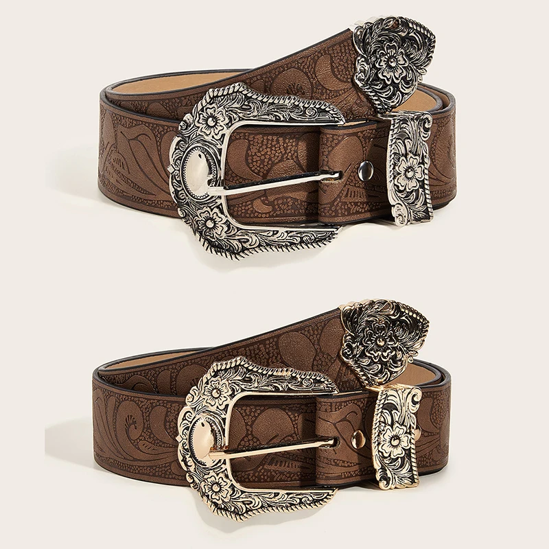 Western Brown PU Leather Vintage Belt Female Cowgirl Waist Belt with Metal Caved Buckle 3set Designer Belts For Women Jeans