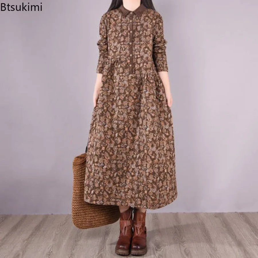 2024 Autumn New Loose Women Quilted Dress Winter Long Vestidos Female Casual Robe Cotton Linen Comfy Floral Print A-line Dresses