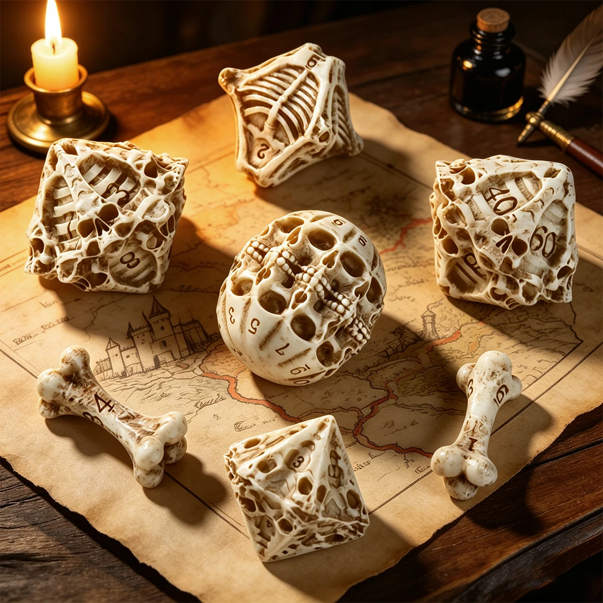 7-teiliges Set aus geschnitzten polyedrischen Würfeln im Knochen-Schädel-Design, Retro-Hohlskelett-Würfelsets für Tabletop-RPG-Party-Brettspiele – Detail 8