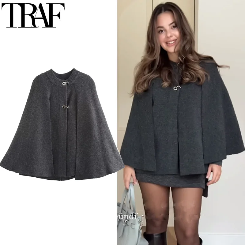 TRAF Cloaks Of Woman Bolero Knitted Cape Outerwears Long Sleeve Knit Cape Gray Coat Elegant Shawl Party Poncho Sweater Coat