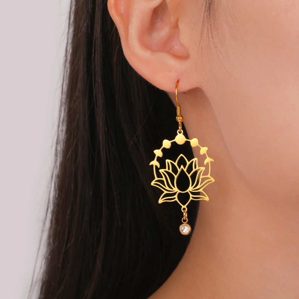Dawapara Mondphase Lotusblume baumelnde Ohrringe Bohemian klar Zirkon Lotus Yoga spiritueller Schmuck Edelstahl Ohrringe – Detail 4