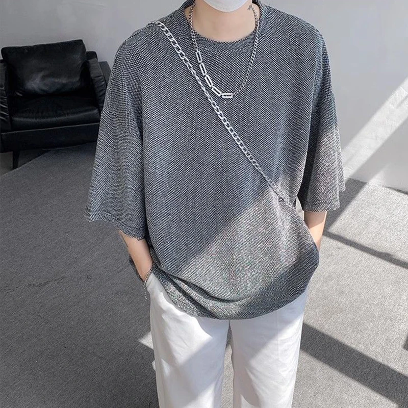 Summer O Neck Men Short Sleeve T Shirt Fashion Vintage Harajuku All-match Simple Oversized Clothing Top Daily Office Silver Grey