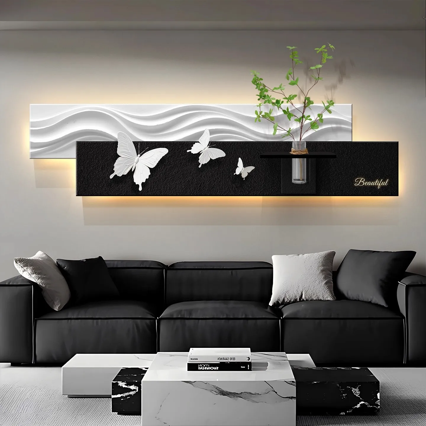 Modern Light Luxury Living Room Decoration Painting, High-end Three-dimensional Sandstone Mural, Hydroponic Green Plants Sofa